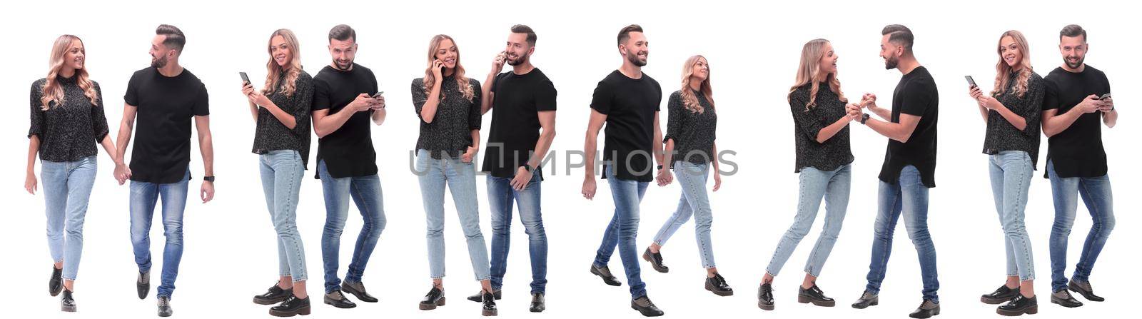 collage of photos of a couple of happy young people . isolated on a white background