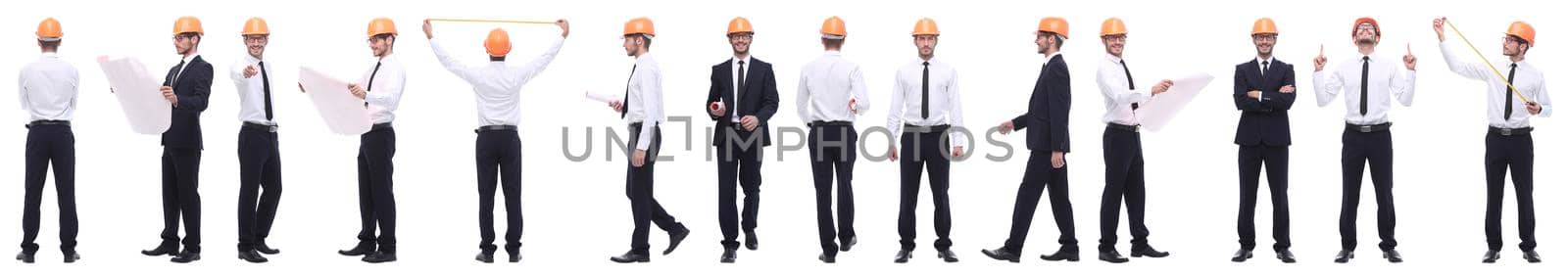 panoramic photo collage of architect engineer isolated on white background