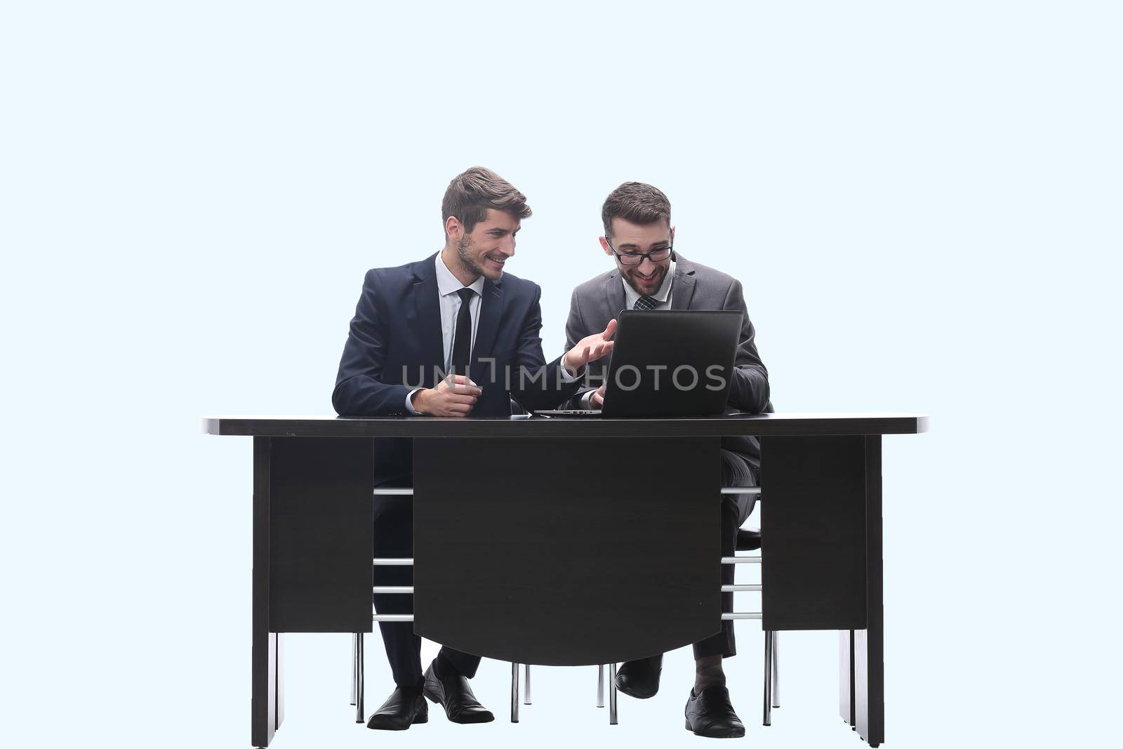 two business people discussing online news . isolated on white background