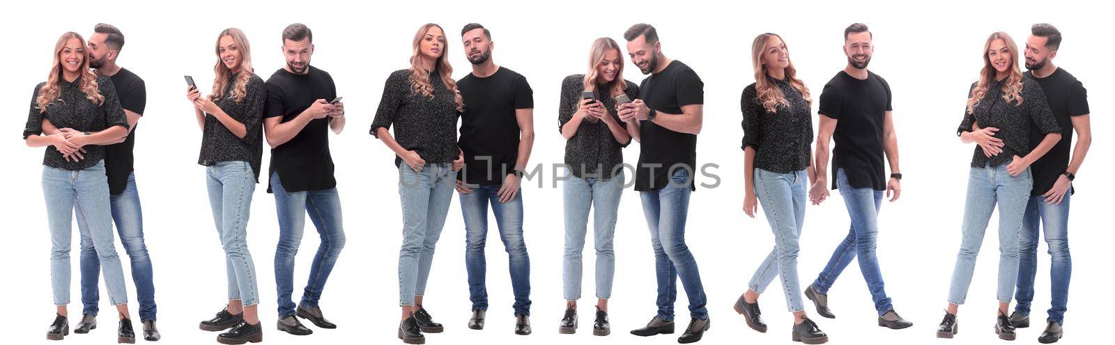 collage of photos of a couple of happy young people . isolated on a white background