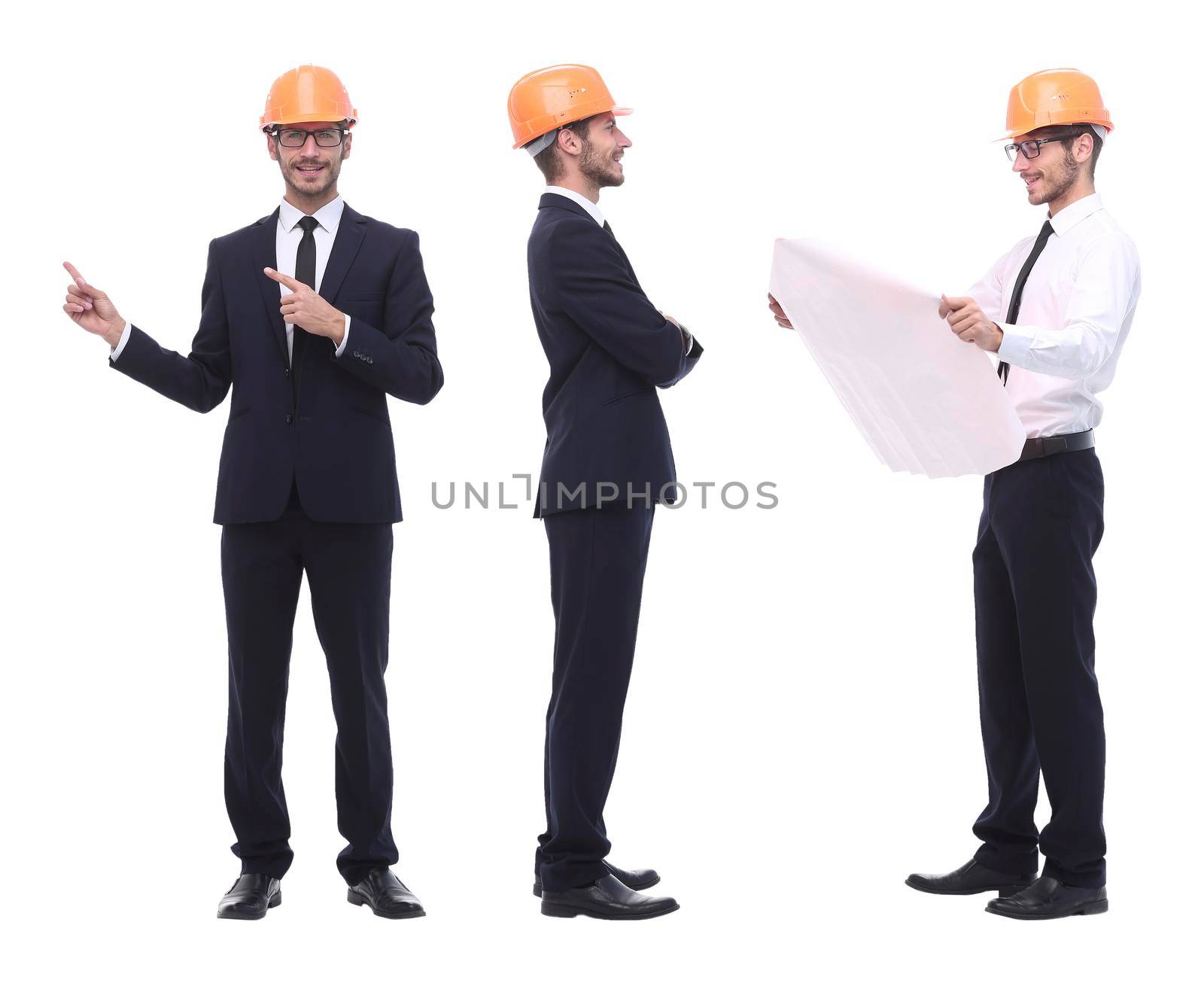 in full growth .qualified engineer architect isolated on white . photo collage