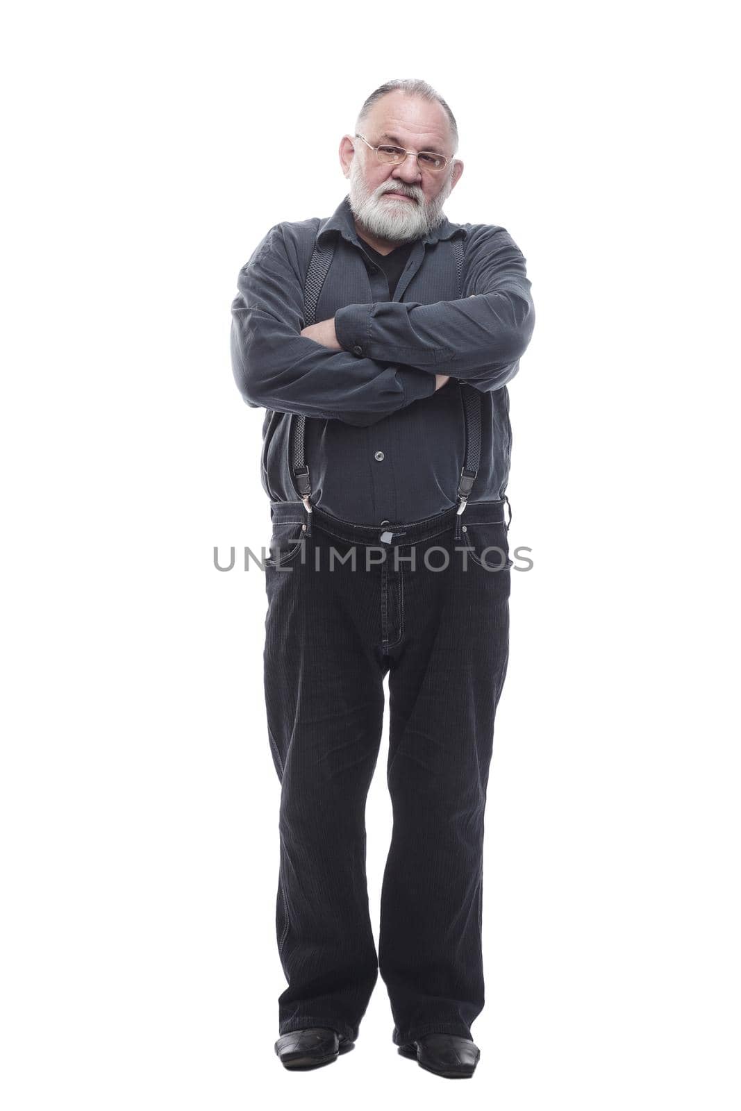 handsome, bearded man in trousers with suspenders. isolated on a white by asdf