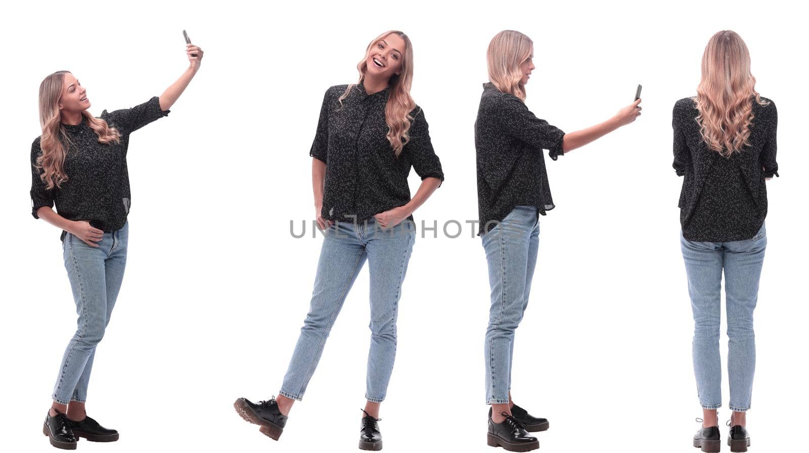 collage of photos of a positive young woman in jeans by asdf