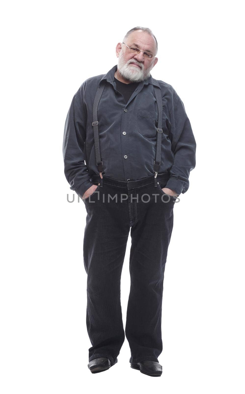 handsome, bearded man in trousers with suspenders. isolated on a white by asdf