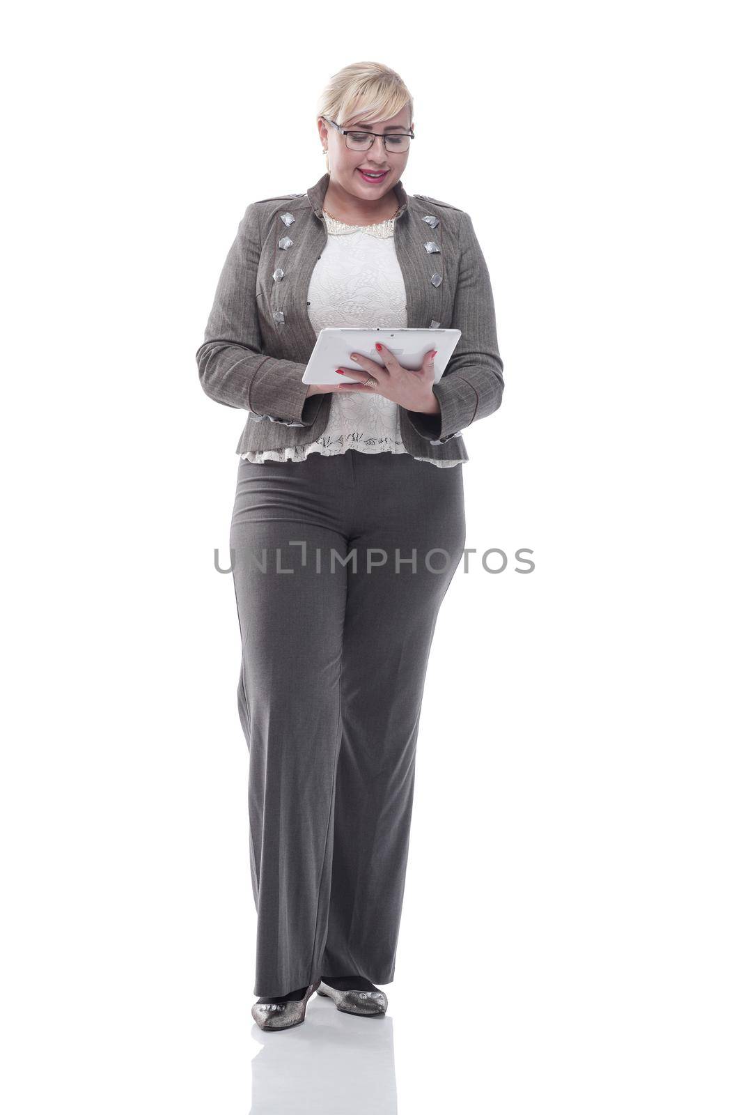 full- length .business woman with a digital tablet isolated on a white background