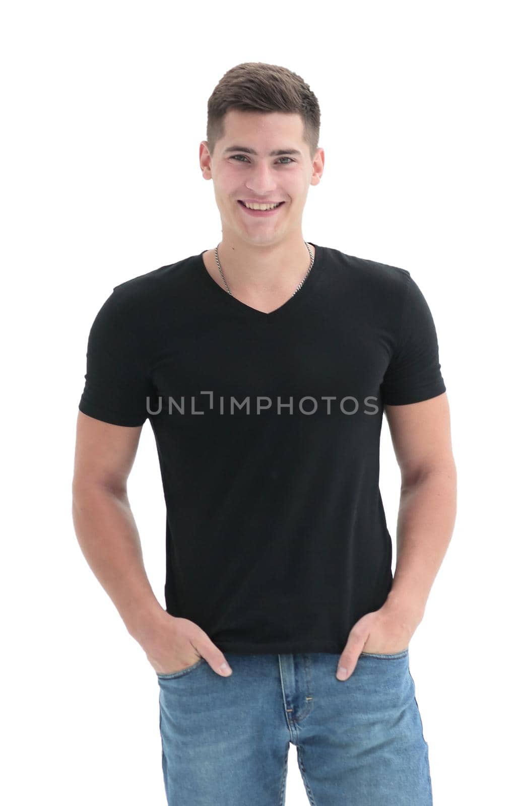 in full growth. casual guy in black t-shirt . isolated on white background