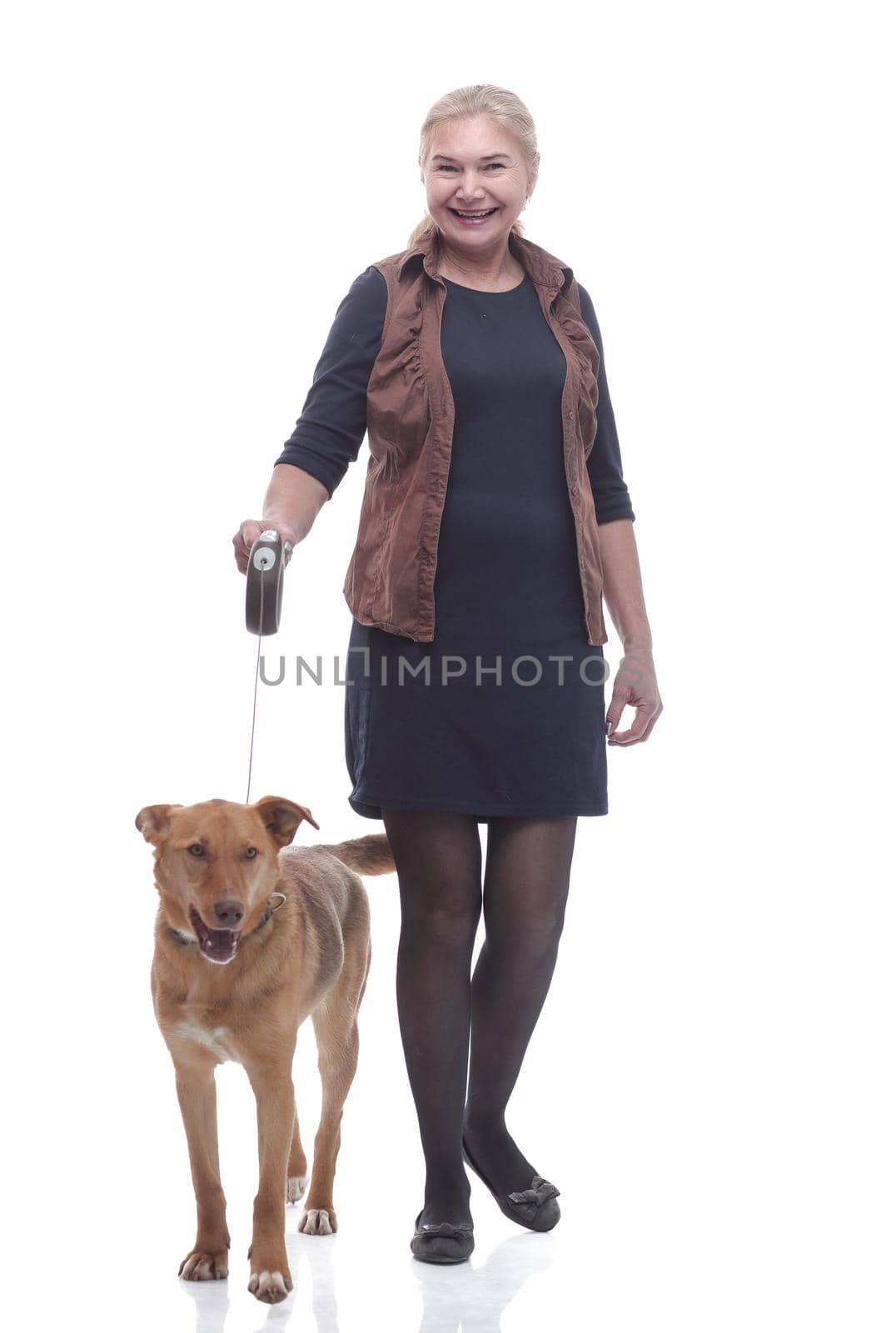 in full growth. portrait of a happy woman with her favorite pet. isolated on a white background