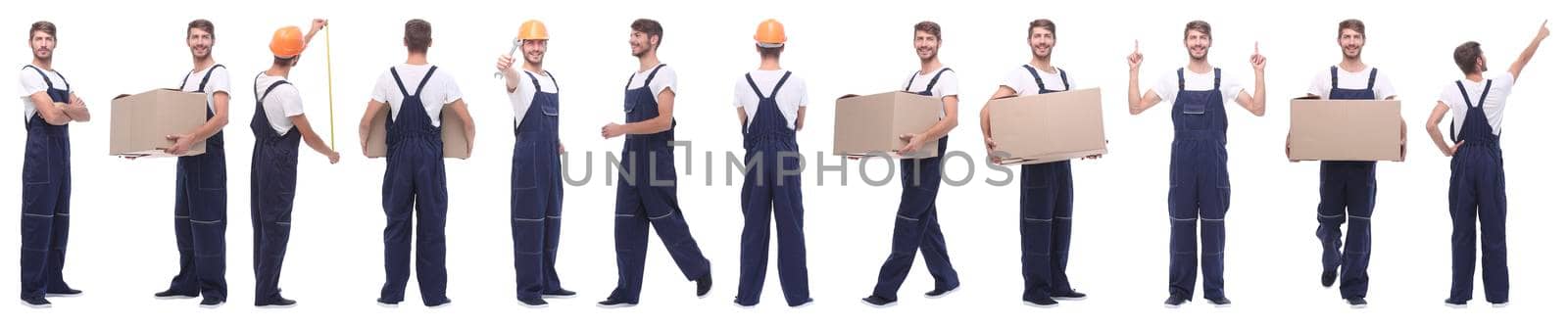 panoramic collage of skilled handyman isolated on white background.