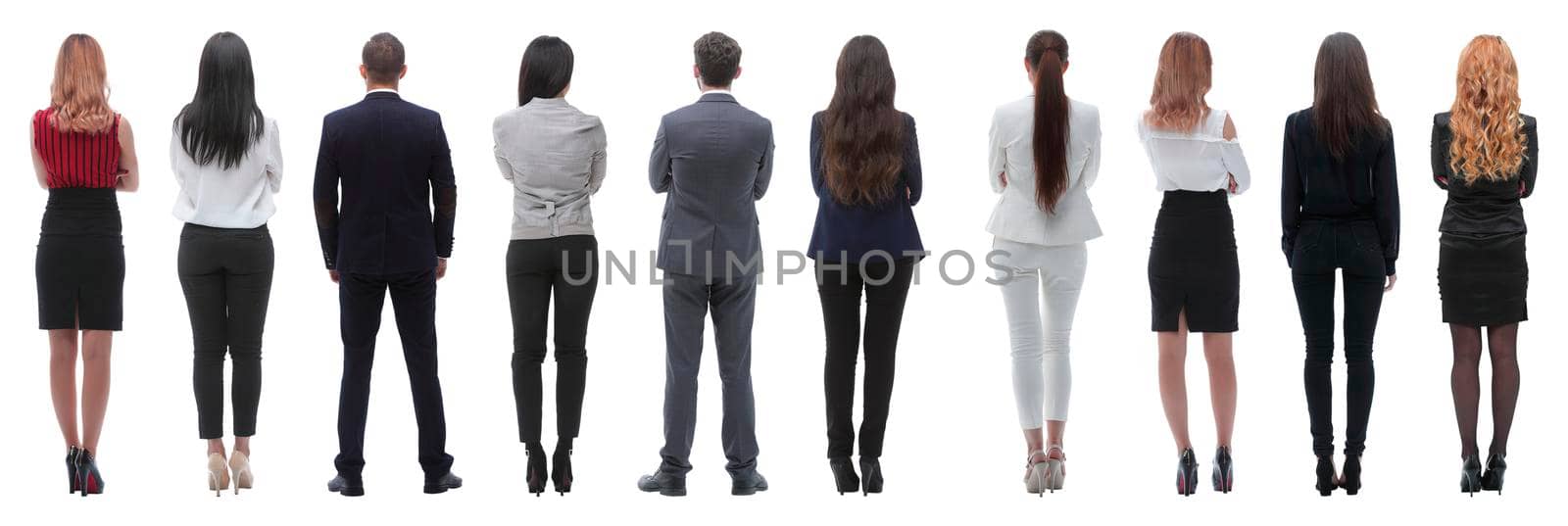 rear view. business team looking forward. isolated on white background