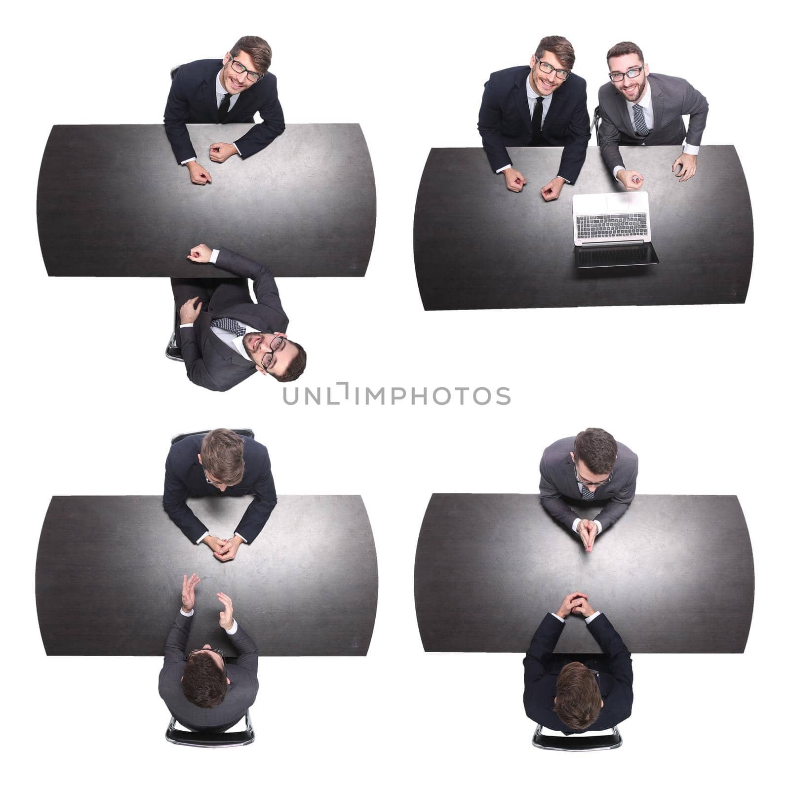 top view. two business people sitting at the Desk. isolated on white background