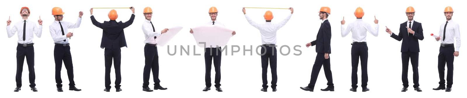 panoramic photo collage of architect expert isolated on white background