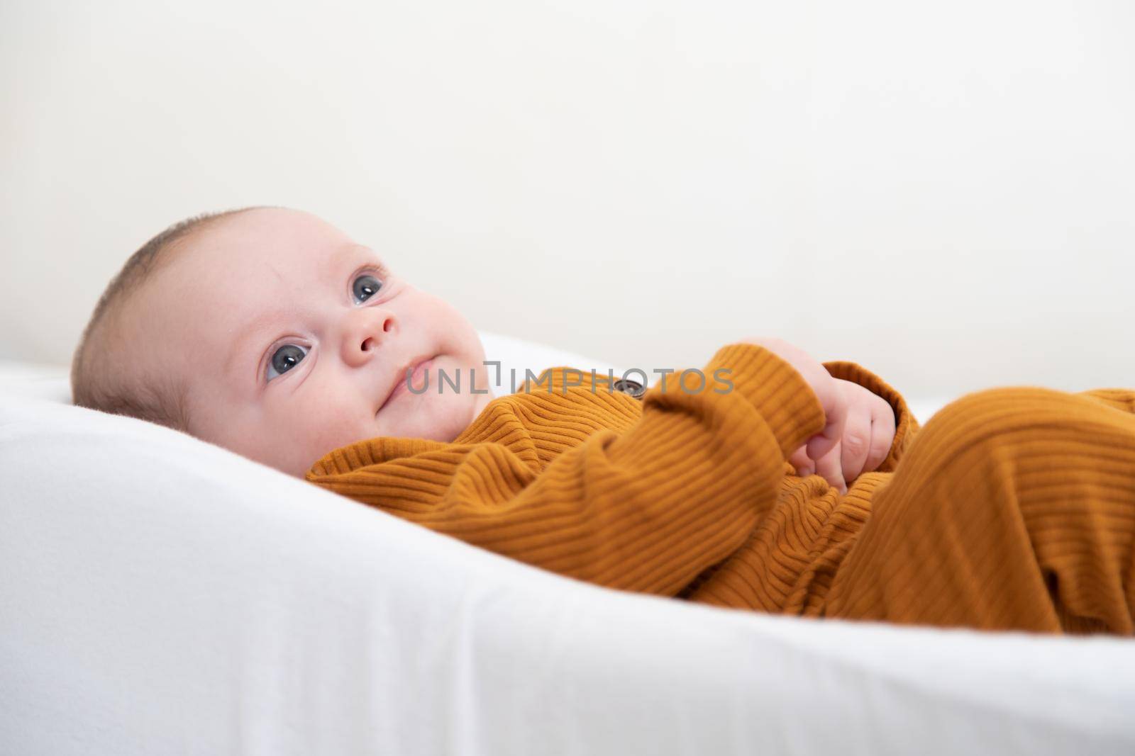 The baby is lying in a cocoon of copy space . The baby is 0-3 months old. A contented infant. An article about choosing a cocoon for newborns. An article about the benefits of cocoon. An article about colic . White background. High quality photo