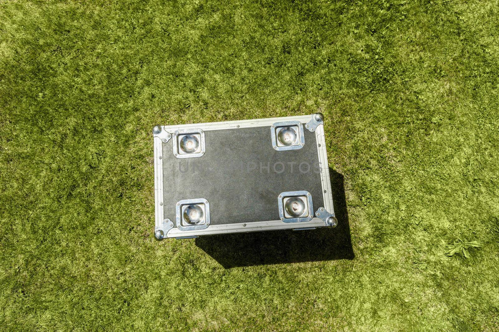 Reinforced black box for transportation of concert equipment with copy space.