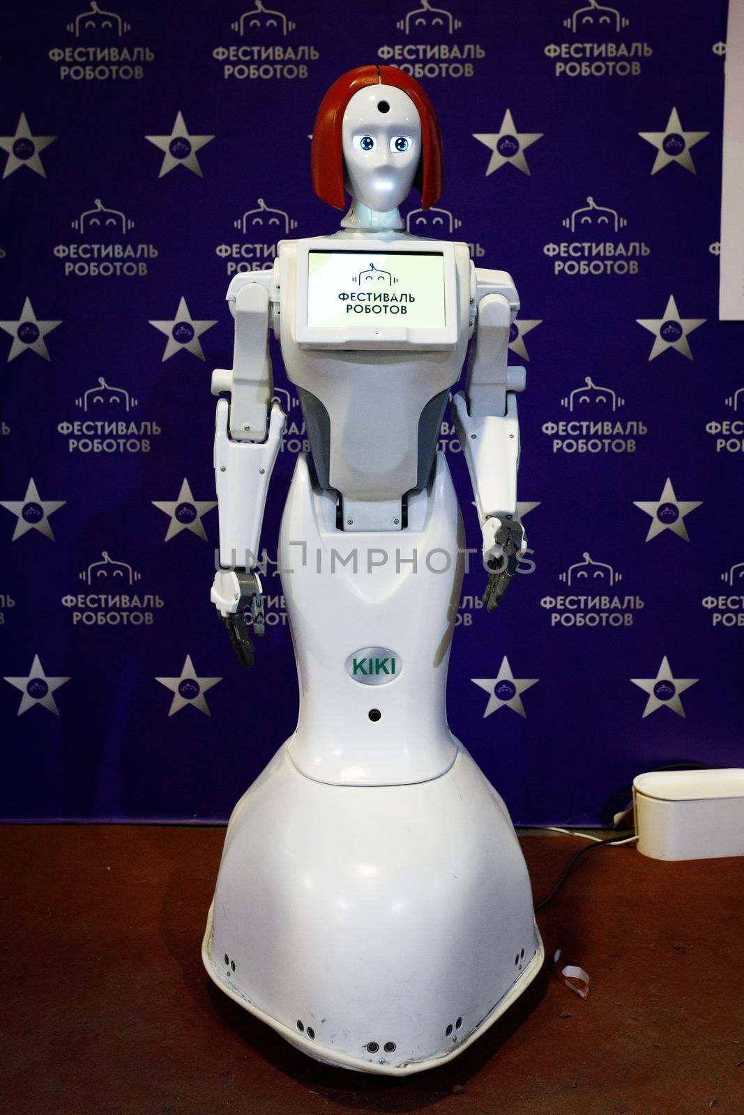 Woman robot KIKI at the robot festival. Almaty, Kazakhstan - February 19, 2022
