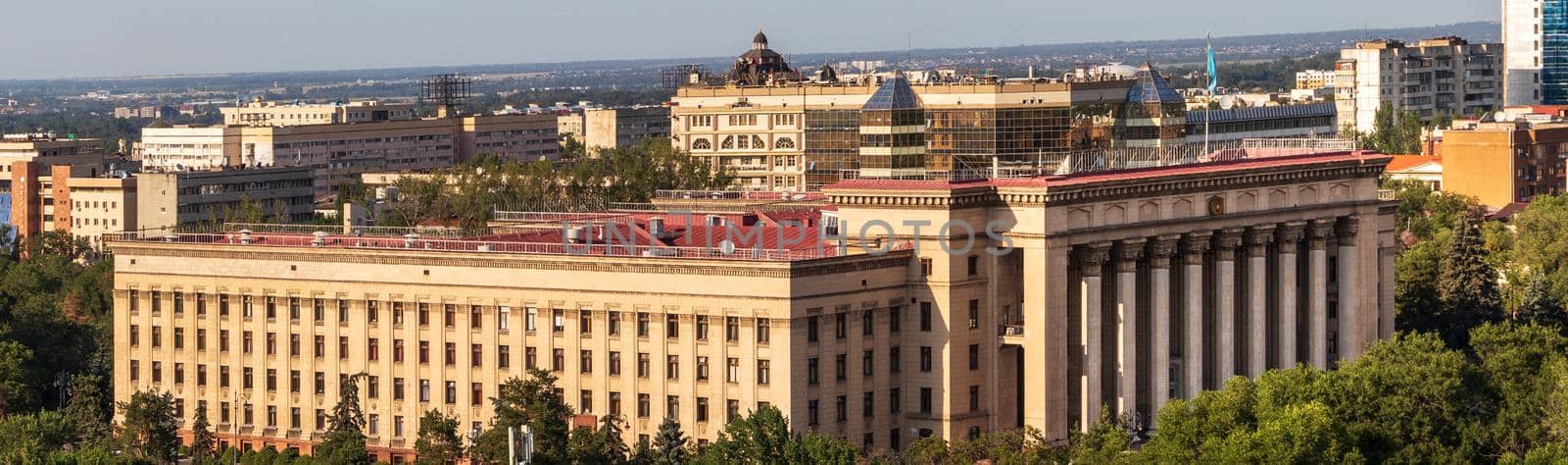 Panoramic aerial view of the former government house, now Kazakh British technical University. Almaty, Kazakhstan - July, 02, 2021