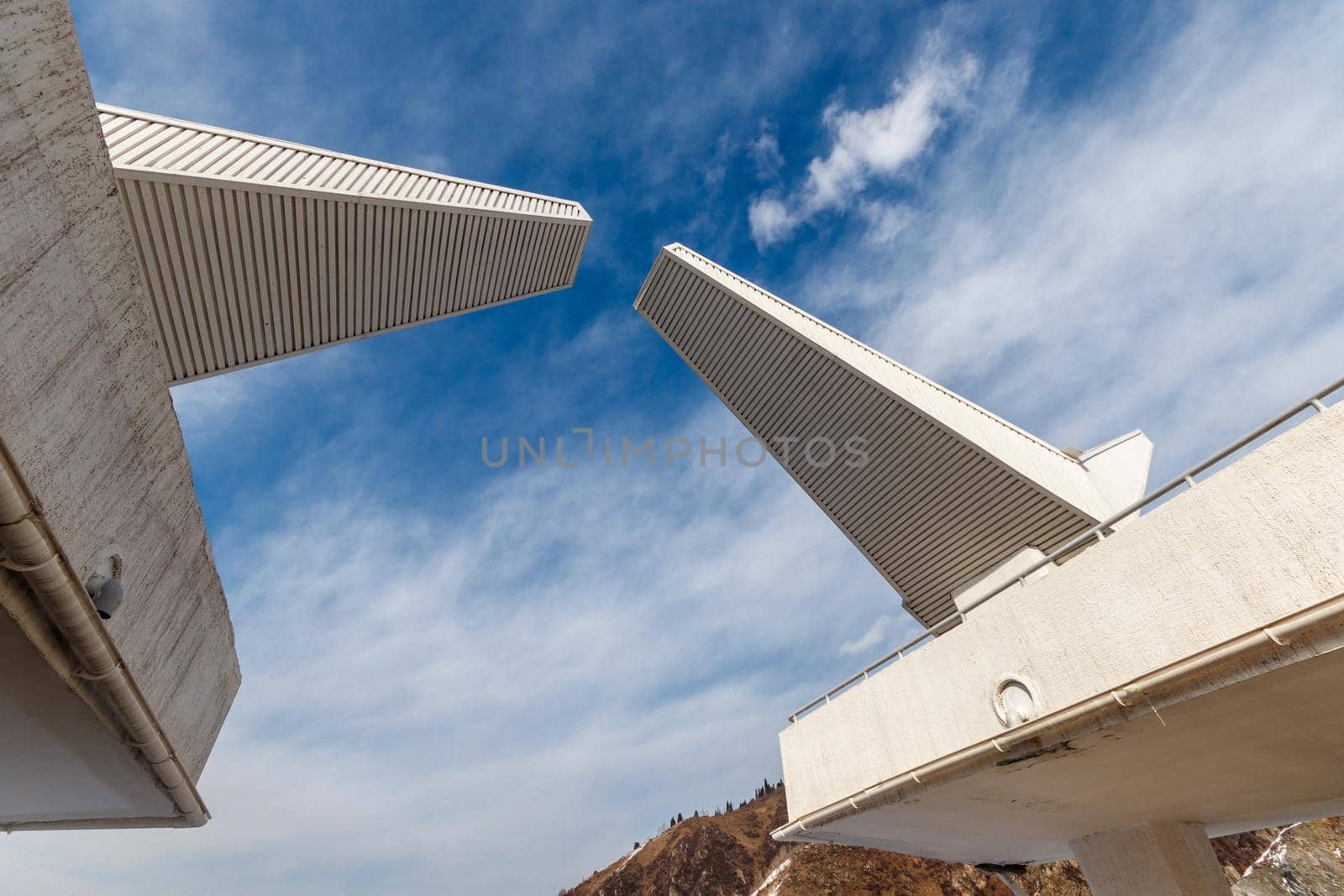 Close-up of small architectural form of the Soviet era at the Medeu dam. Famous tourist place in Almaty.