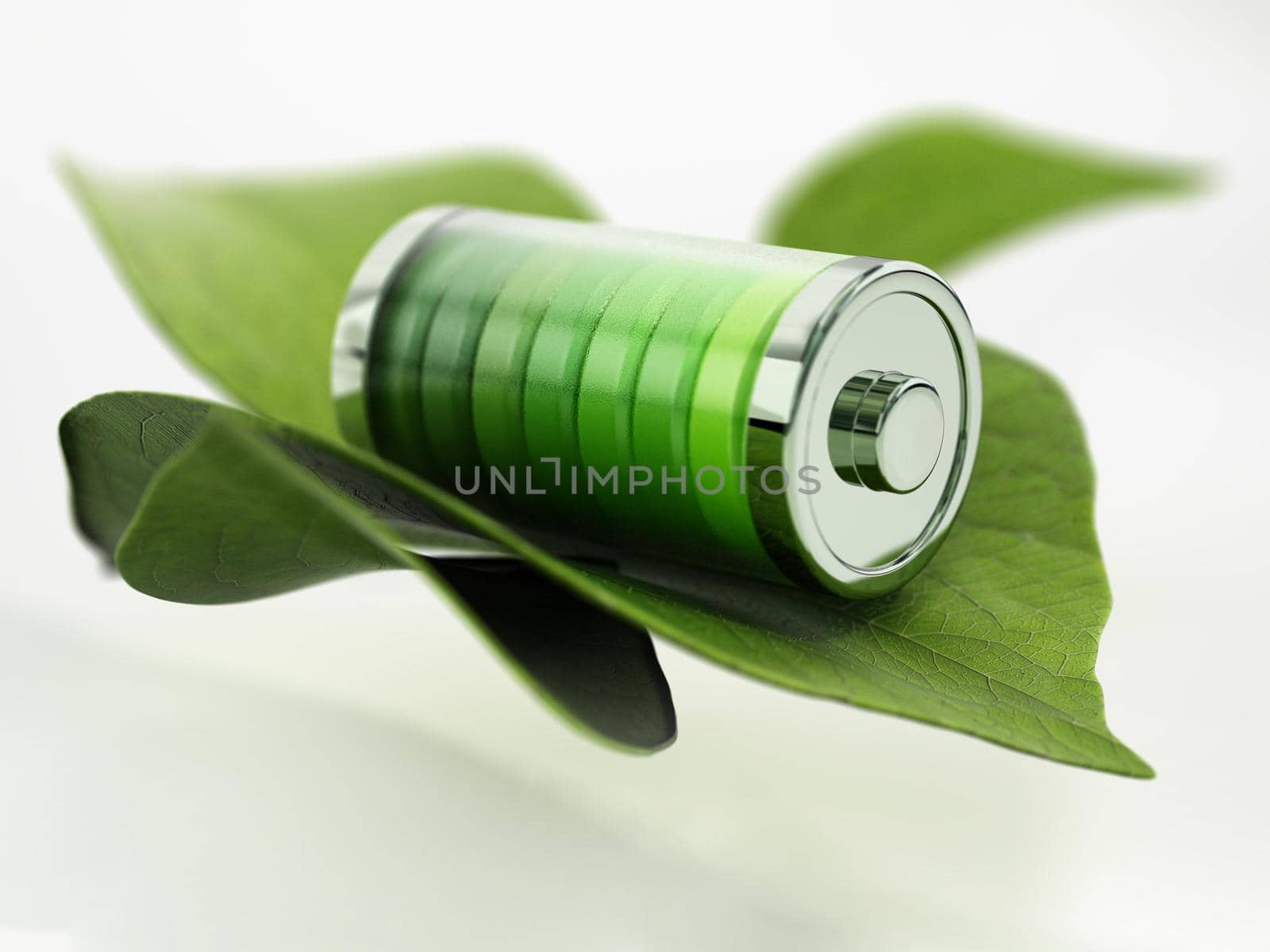 Green full battery icon and green leaves. 3D illustration by Simsek