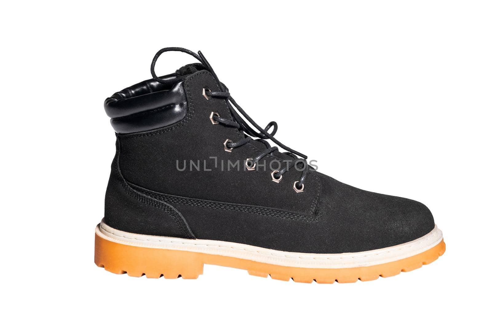 Side view of a black winter shoe with laces and a small soft heel isolated on white.