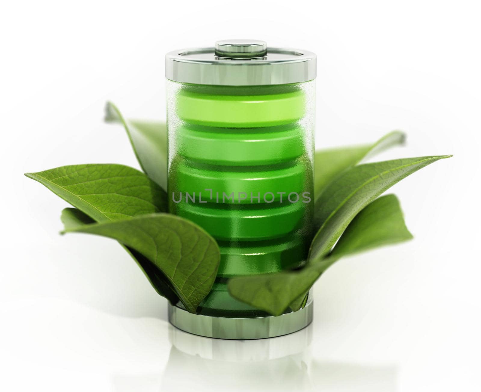 Green battery wrapped with green leaves. 3D illustration.