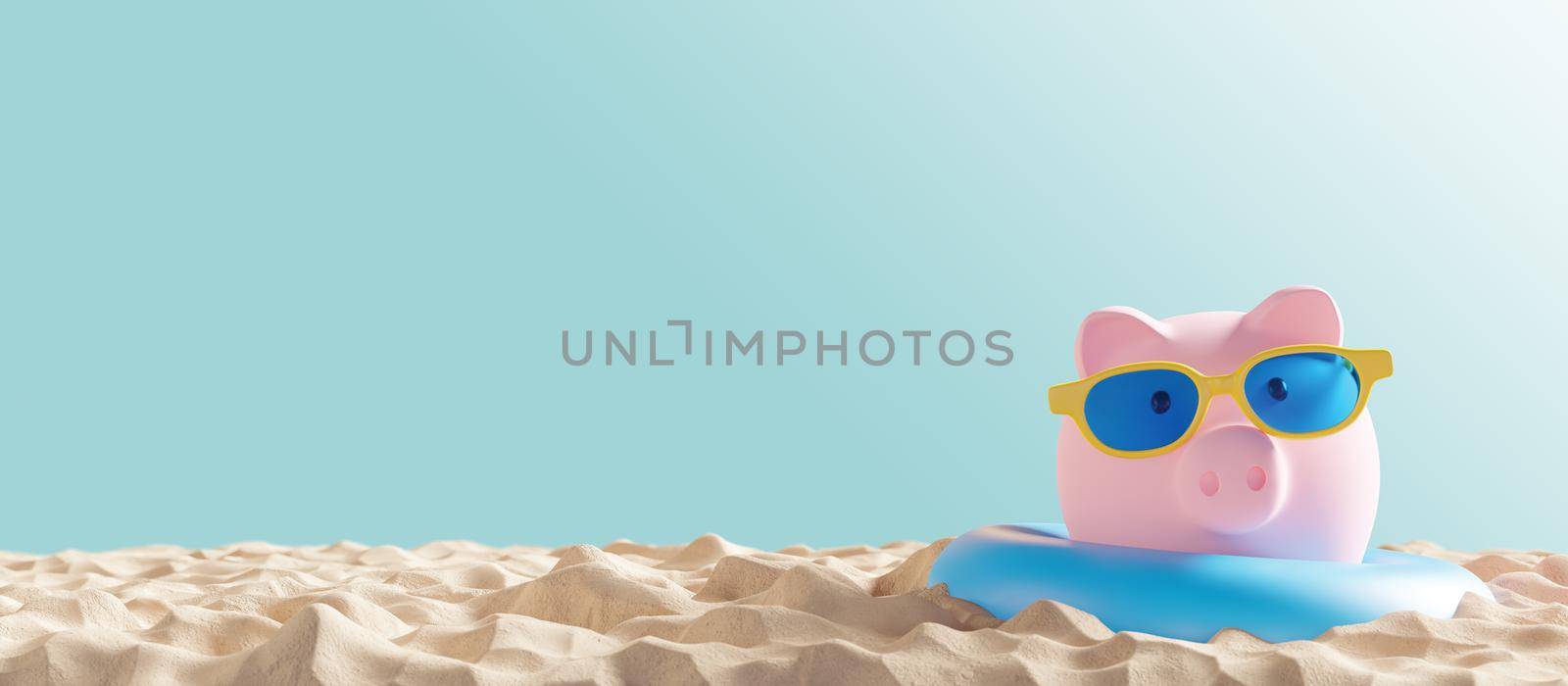 Piggy bank with sunglasses on sand beach with copy space 3D render by Myimagine