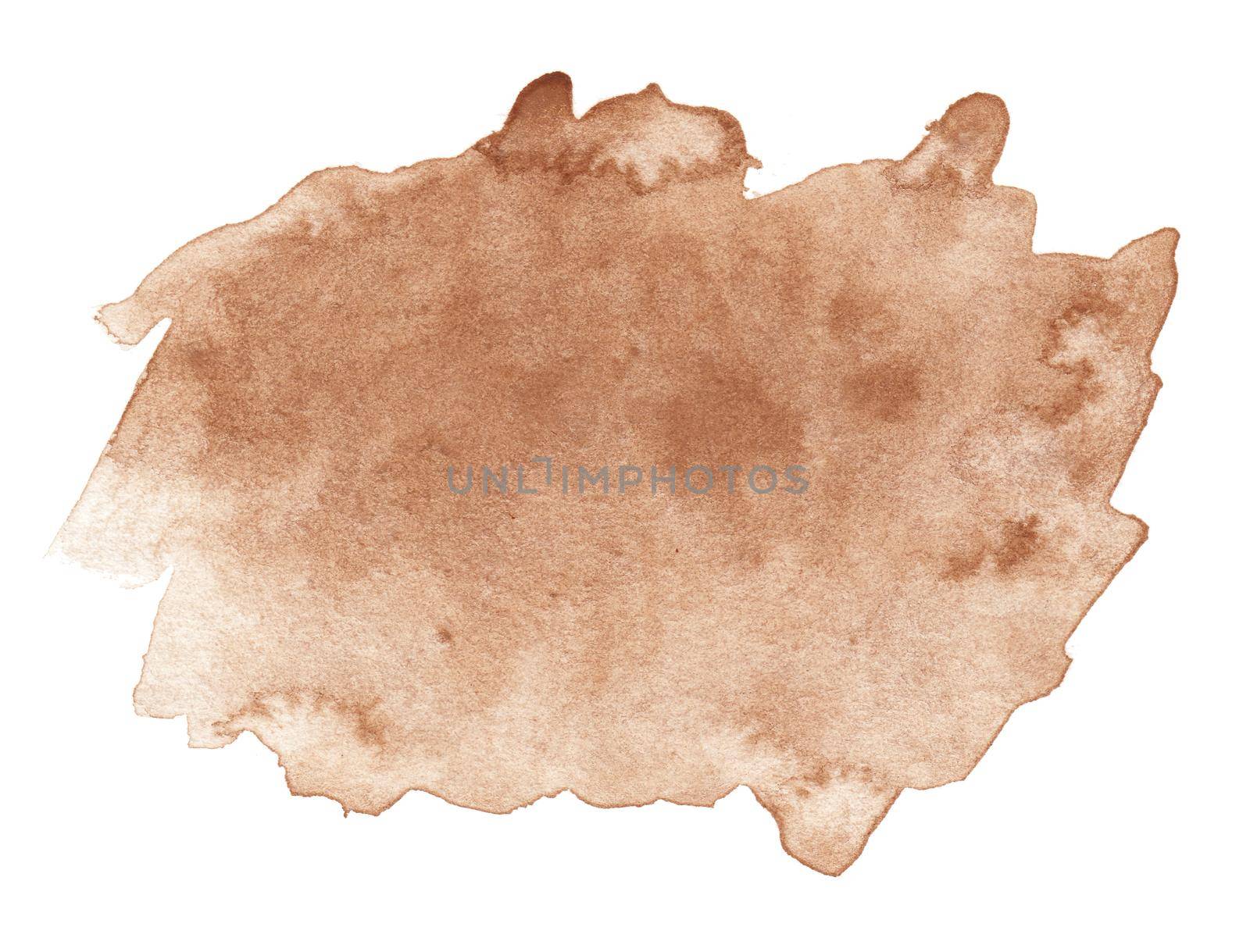 Abstract brown watercolor splash texture isolated on white background. Bright camel paint stain drops. Abstract illustration, banner, poster for text, decoration element