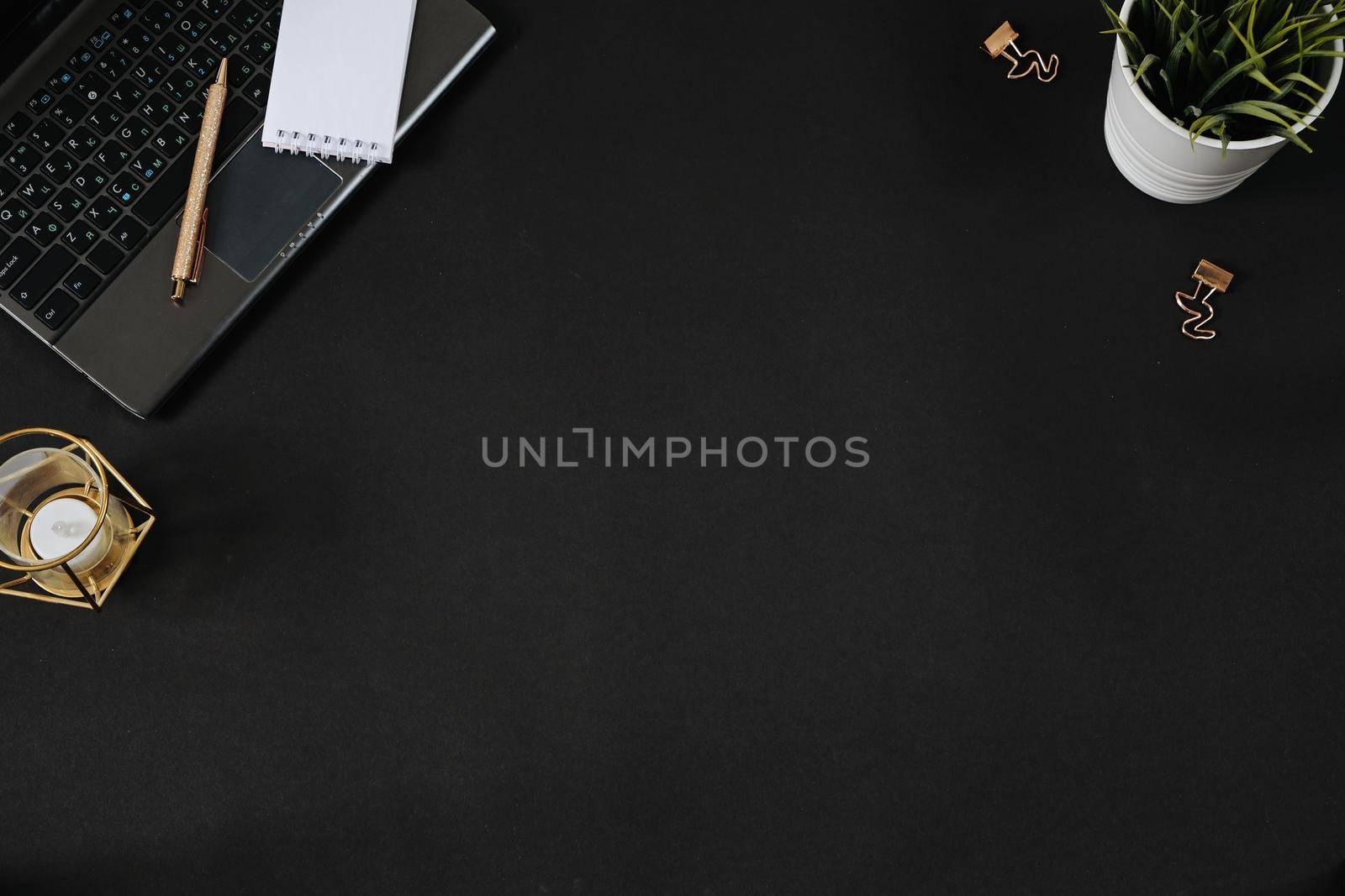 Black background with office stationary mock up for your design, flat lay with copy space by natus111