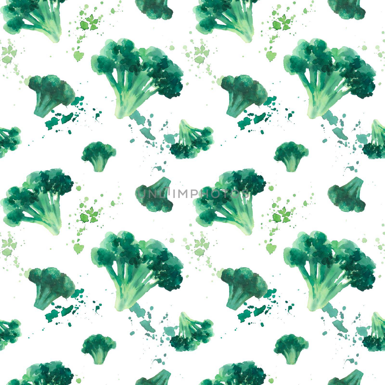 Watercolor seamless pattern with vegetables broccoli and splashes of paint on white. Endless green Pattern for kitchen textiles