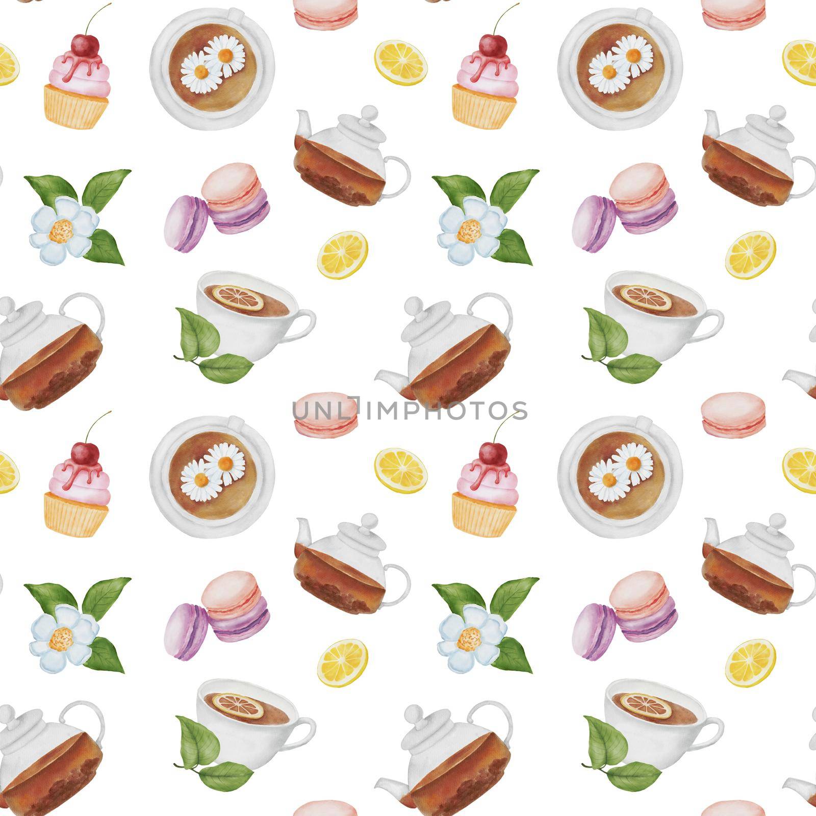 Seamless pattern with Cute watercolor dessert and teapots. Sweets and tea on white. Hand drawn Food and flower
