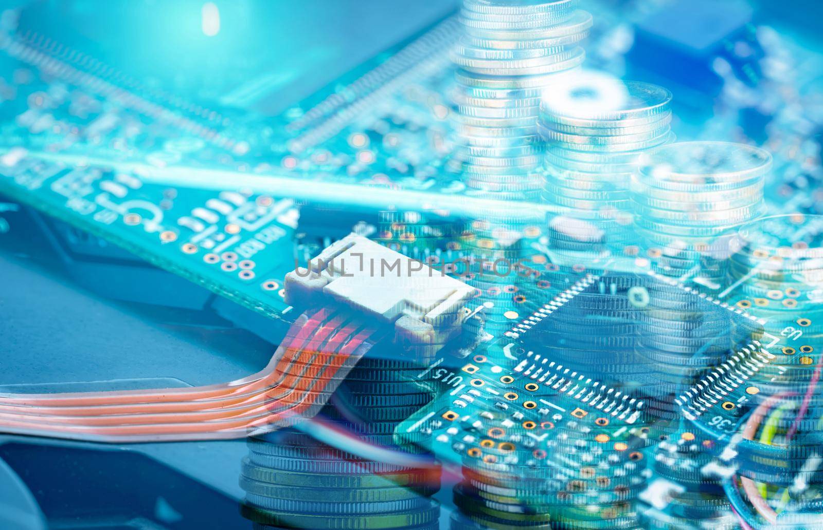 Electronic circuit board and coin stack. Mainboard of computer. Electronic business industry.  Computer integrated circuit board. Memory of digital information hardware. Electronic engineering tech.