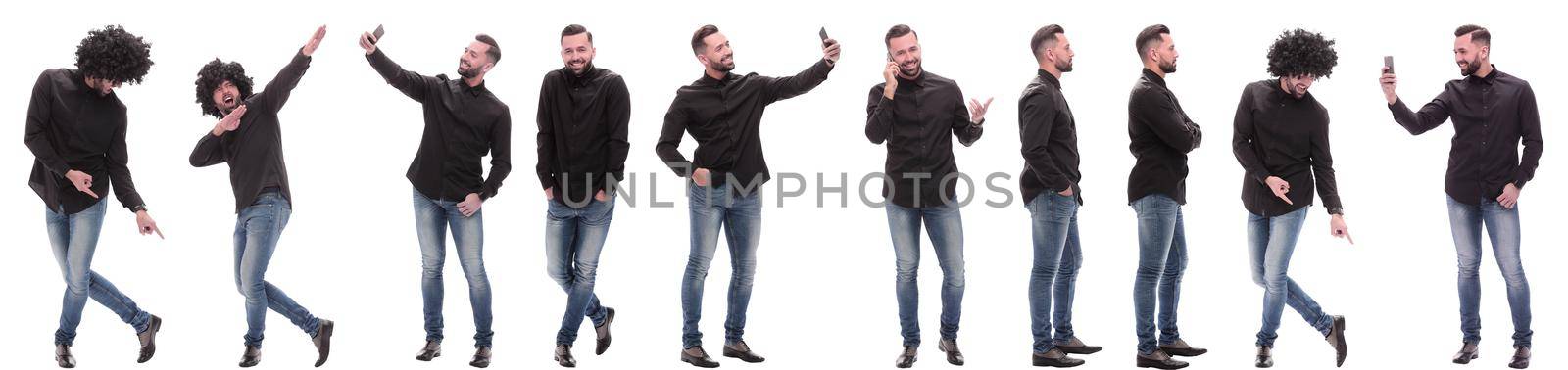 photo collage of a modern young man with a smartphone. isolated on a white background