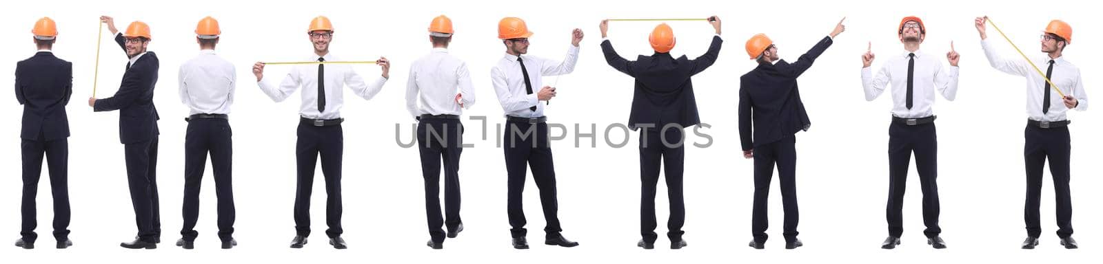 panoramic photo collage of architect expert isolated on white background