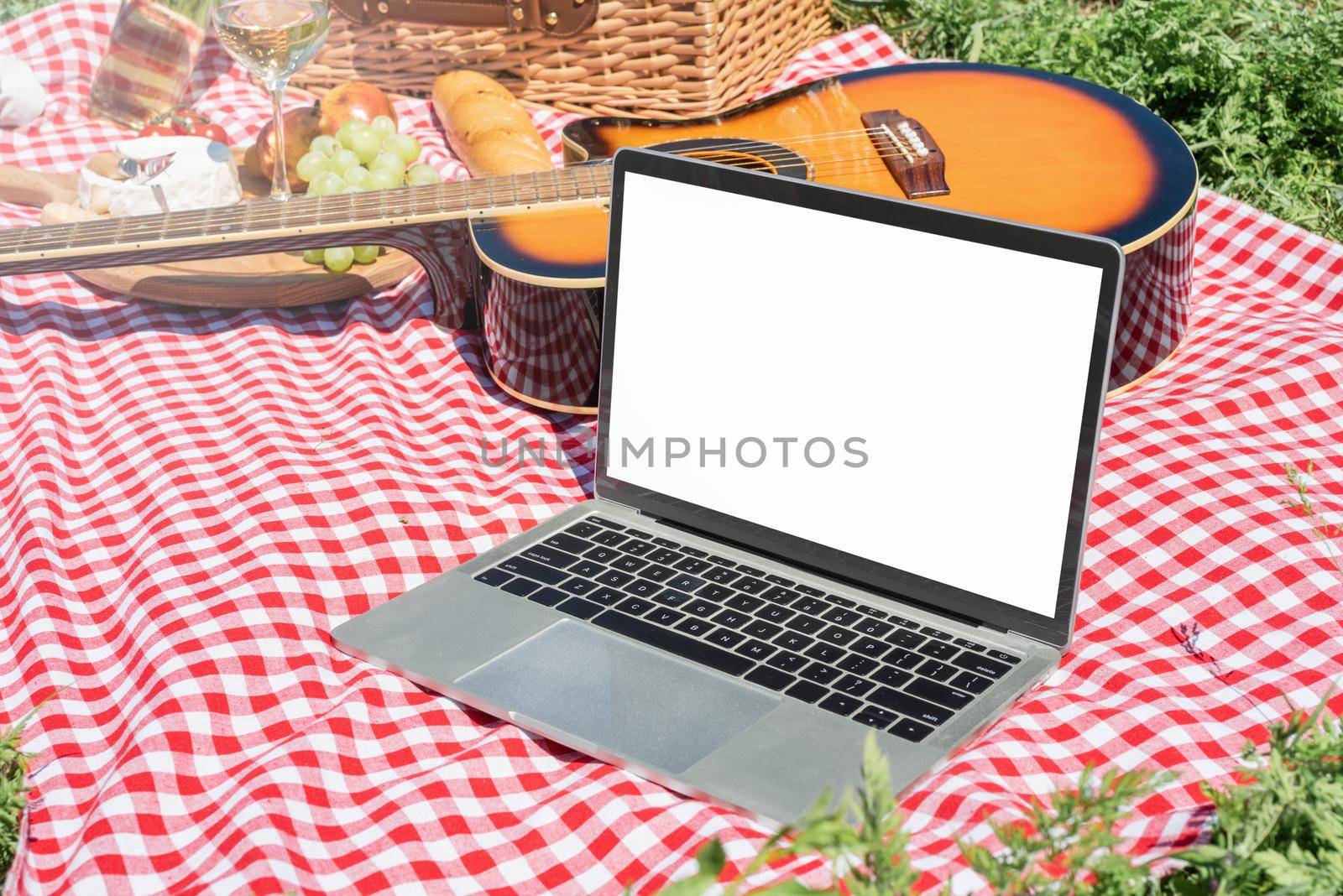 closeup of picnic place andlaptop with blank screen for mockup. summer leisure and fun, freelance working