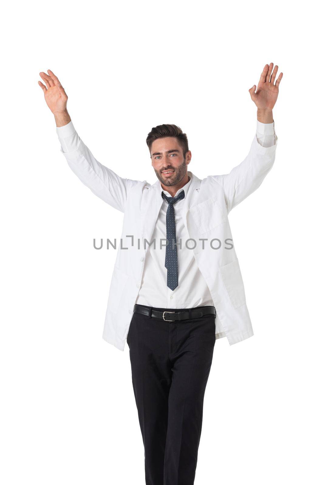 Male medical doctor with raised arms by ALotOfPeople