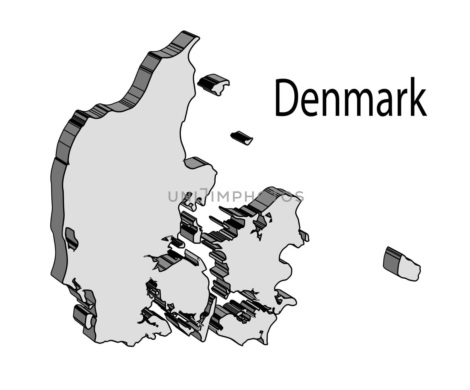 Outline 3D map of Denmark over a white background