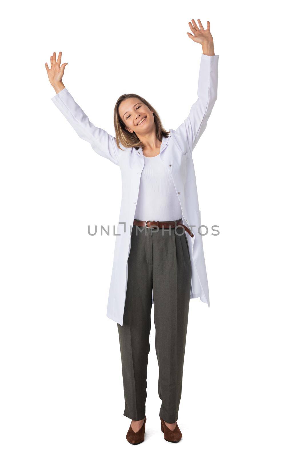 Female medical doctor with raised arms by ALotOfPeople