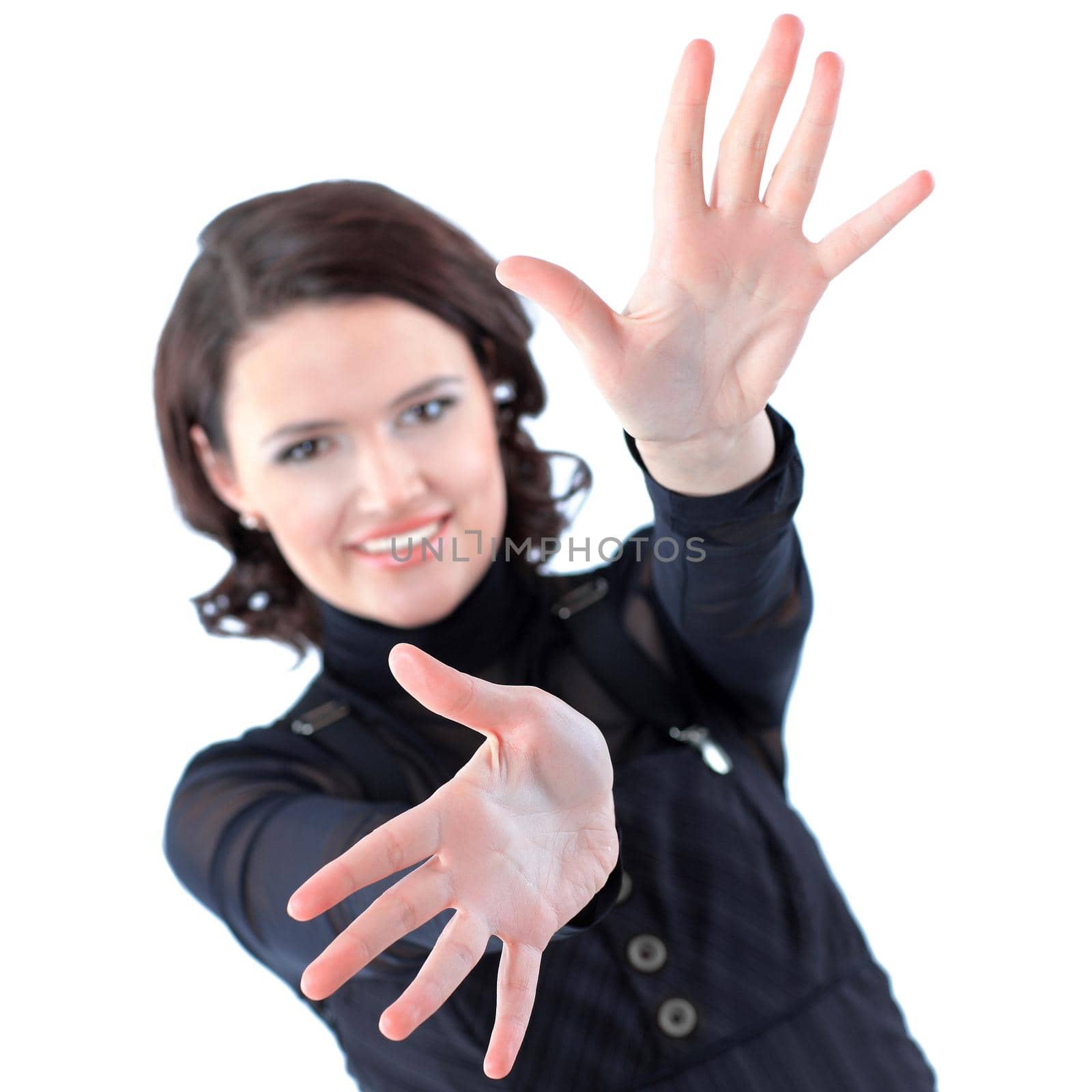 Beautiful business woman with hands in different directions ready to embrace by SmartPhotoLab