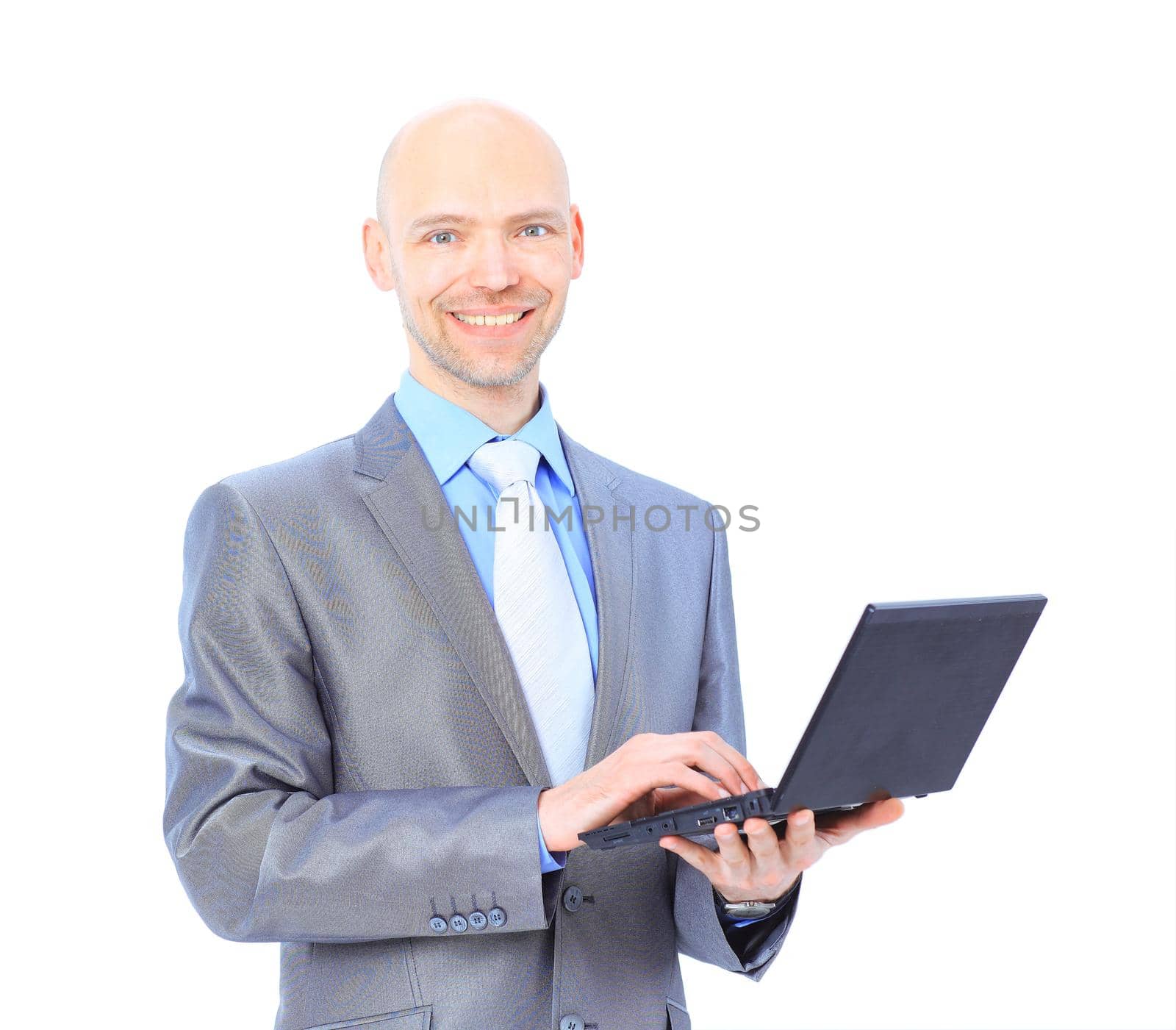 man with laptop on a white background