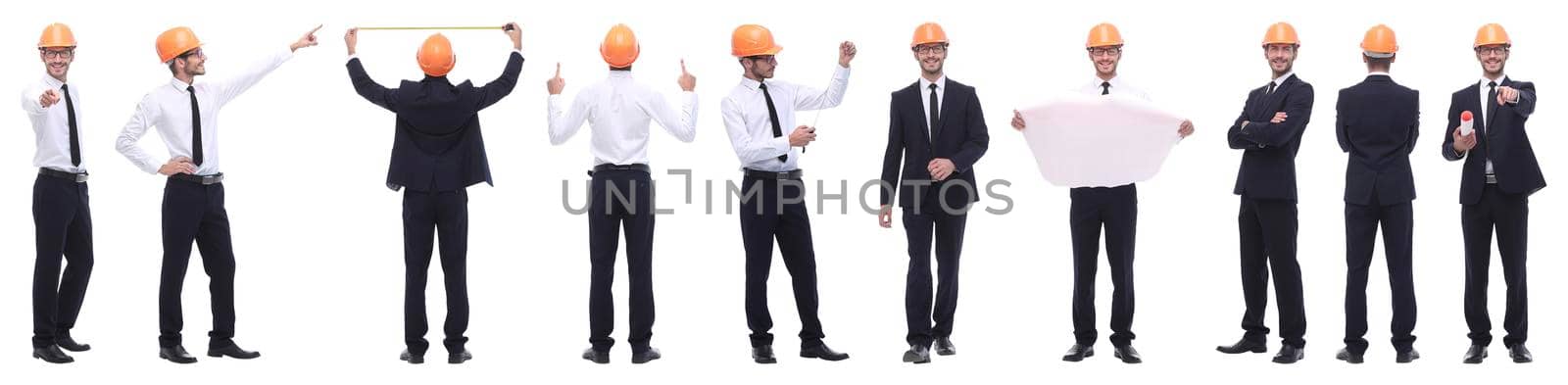 panoramic photo collage of architect expert isolated on white background