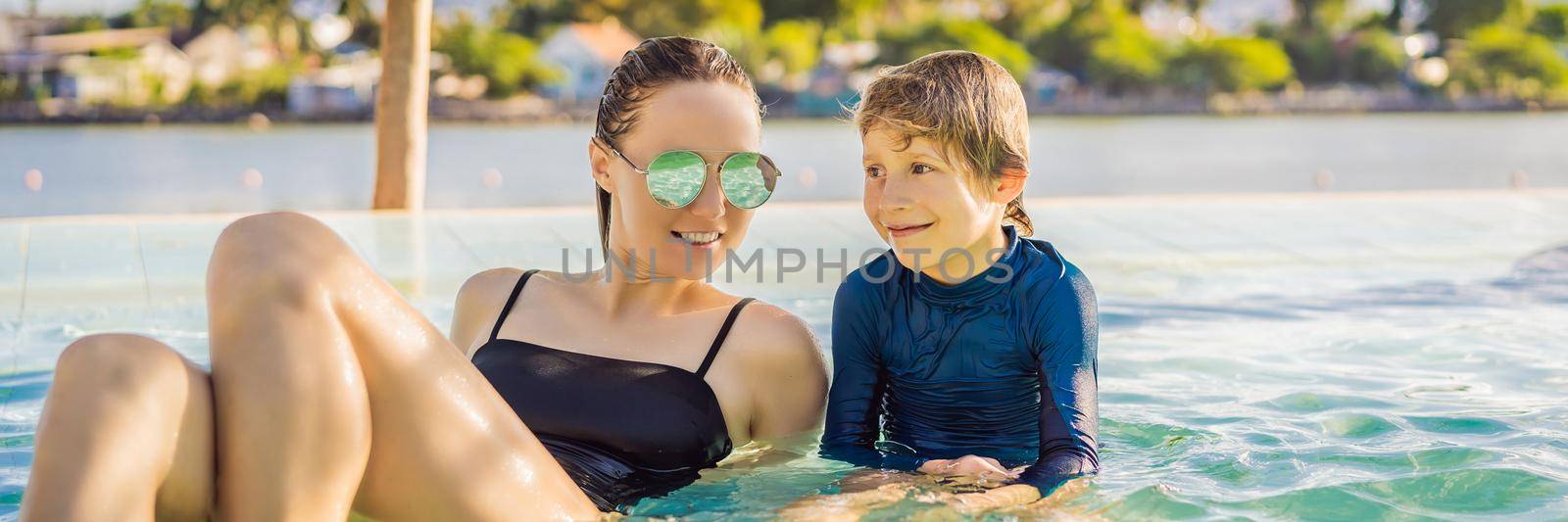 Luxury resort swimming pool. Happy family tourists relaxing in holiday retreat on summer travel vacation enjoying ocean background. BANNER, LONG FORMAT