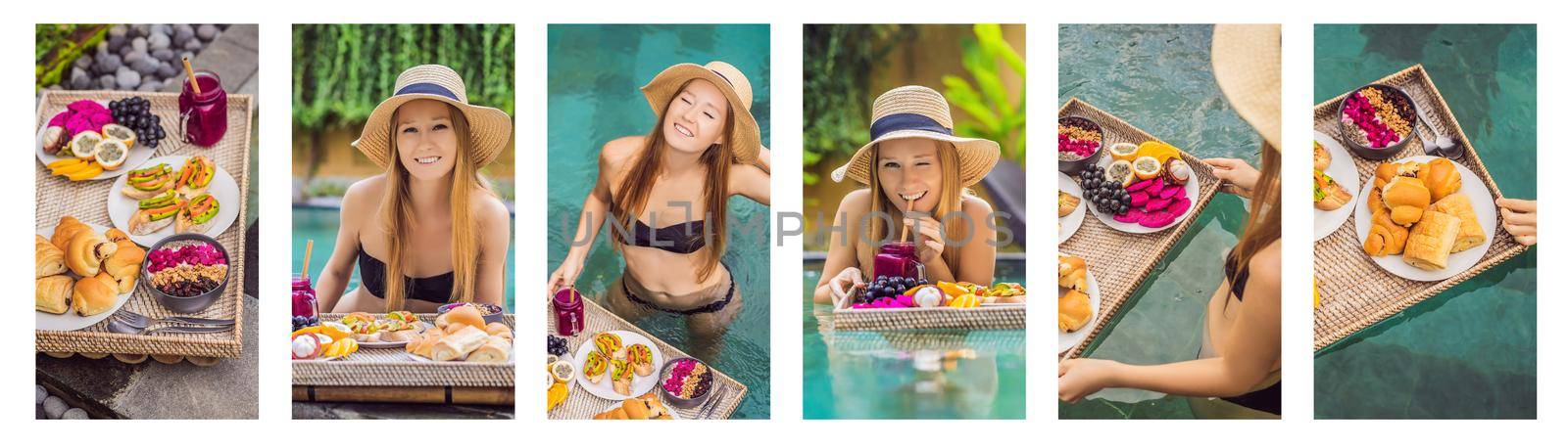 Set of template stories format. Breakfast on a tray with fruit, buns, avocado sandwiches, smoothie bowl by the pool. Summer healthy diet, vegan breakfast. Tasty vacation concept.