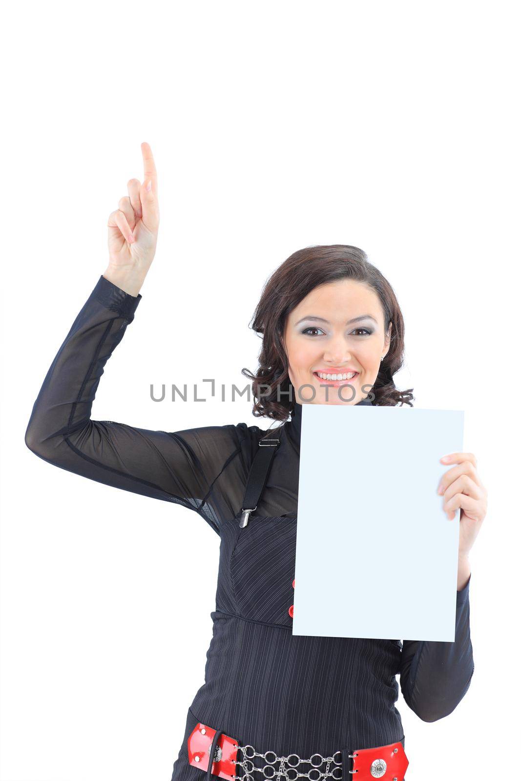 Beatiful business woman with a white banner. Isolated on a white background.