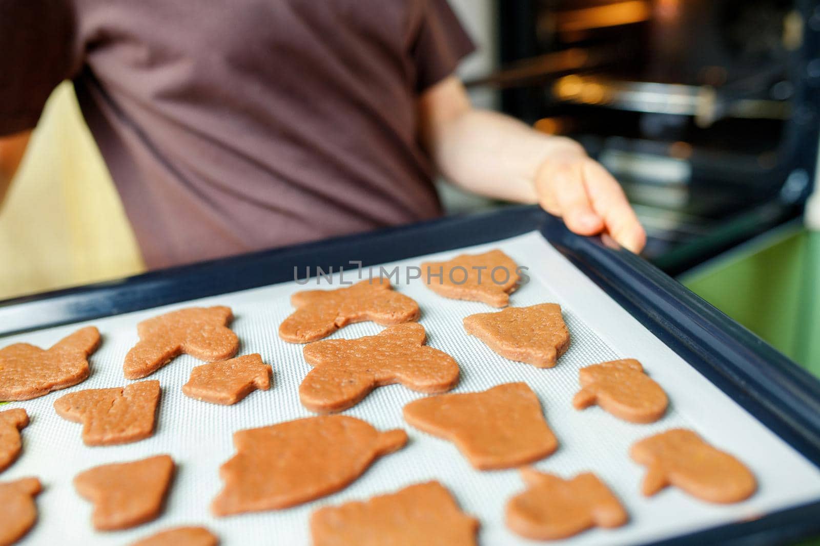 Homemade cookies of various shapes on a heat-resistant silicone mat on a baking sheet are going to be baked in the oven. Selective soft focus.