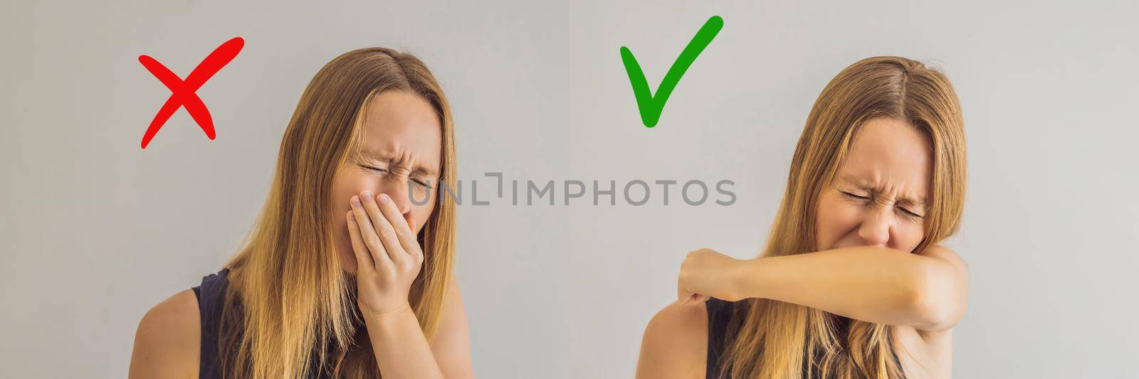 Comparison between wrong and right way to sneeze to prevent virus infection. Caucasian woman sneezing, coughing into her arm or elbow to prevent spread Covid-19,Coronavirus. BANNER, LONG FORMAT