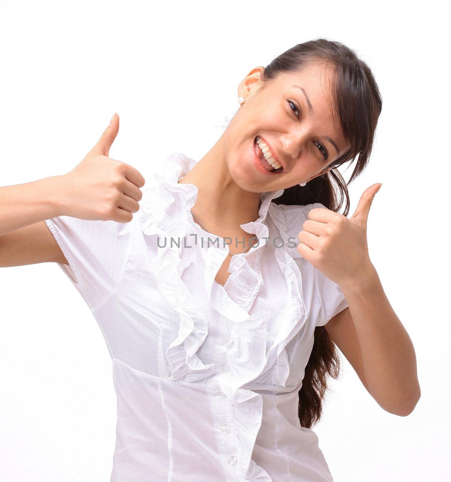 closeup.successful young woman showing thumbs up.the concept of success.