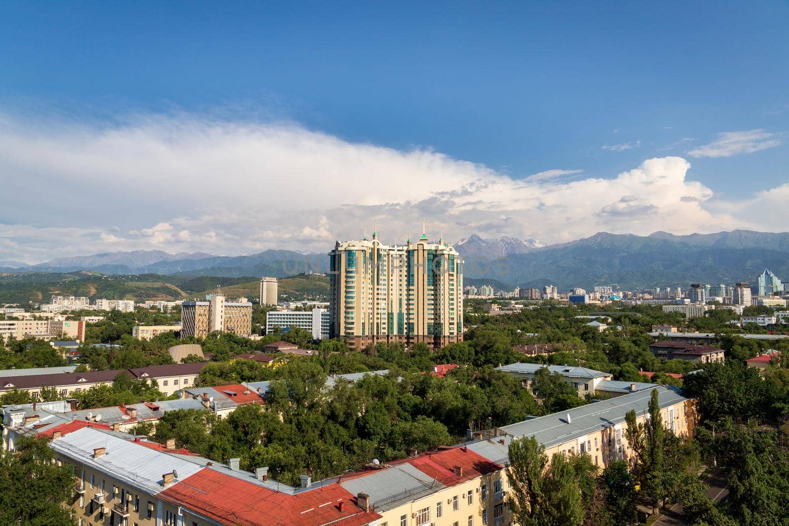 View from the roof to the Golden Square district of Almaty city. Almaty, Kazakhstan - July, 02, 2021