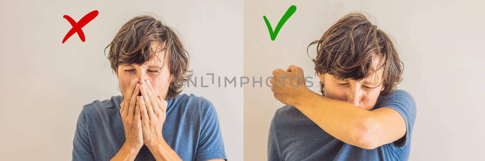 Comparison between wrong and right way to sneeze to prevent virus infection. Caucasian woman sneezing, coughing into her arm or elbow to prevent spread Covid-19,Coronavirus BANNER, LONG FORMAT by galitskaya