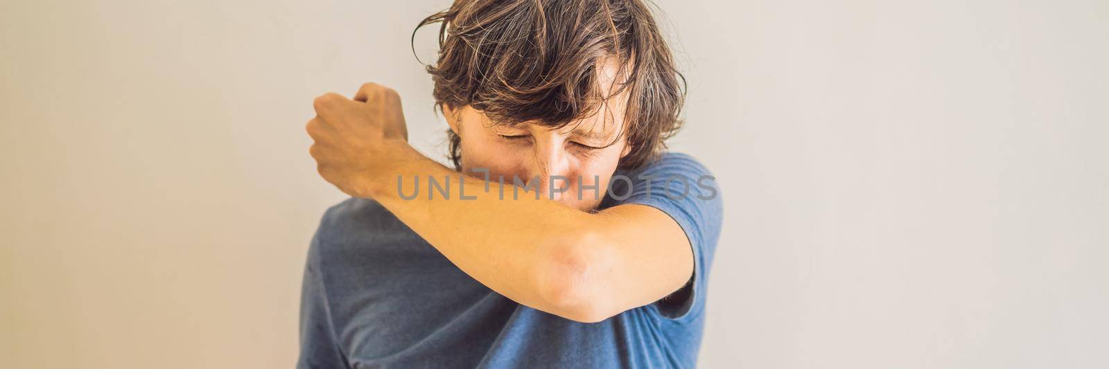 Comparison between wrong and right way to sneeze to prevent virus infection. Caucasian man sneezing, coughing into her arm or elbow to prevent spread Covid-19,Coronavirus. BANNER, LONG FORMAT