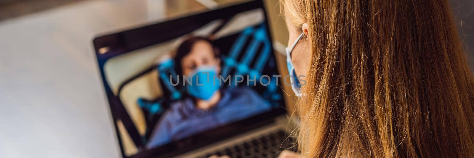 Coronavirus. Woman and man in quarantine for coronavirus wearing protective mask. Working from home and using video call. Video conference. BANNER, LONG FORMAT