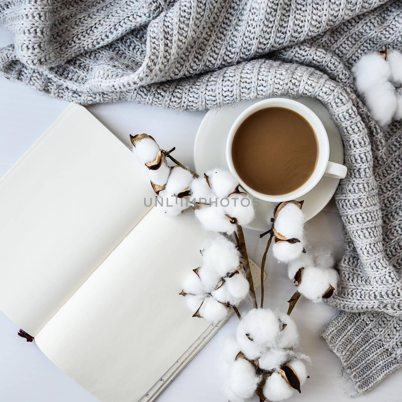 Cup of coffee with cotton plant notebook cinnamon sticks and anise star on white background. Sweater around. Winter morning routine. Coffee break. Copy space. Top view. Breakfast. Flat lay