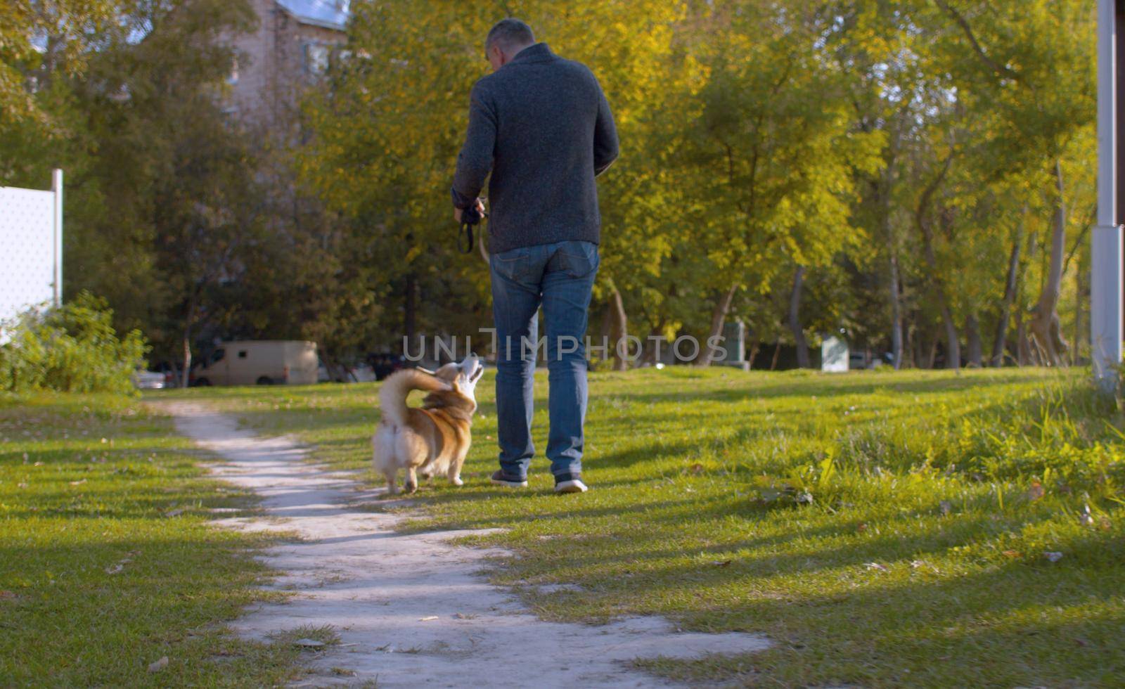 The man walking with the corgi dog by Chudakov